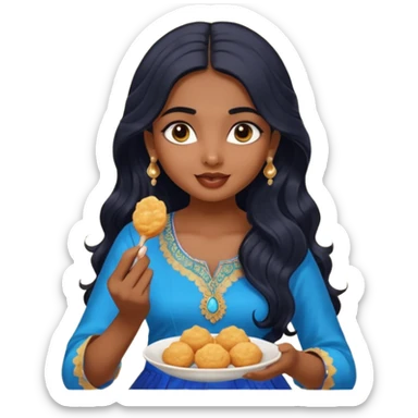 a pretty indian bratz girl with wavy long black hair. eyeliner on, wearing a blue kurti, eating golgappa (without spoon) sticker