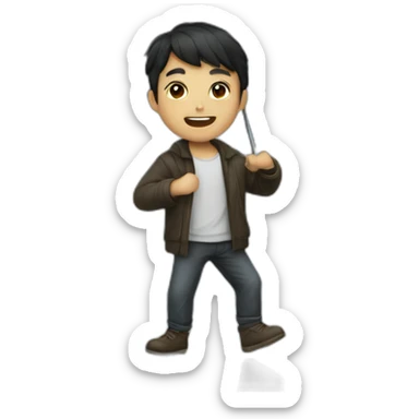 A dark-haired boy with a white beard dancing with an umbrella in the rain sticker