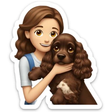 A 10-year-old girl with brown hair is hugging a chocolate cocker spaniel. sticker