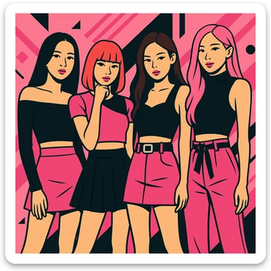 Blackpink K-pop group, trendy fashion, pink and black accents, group pose, modern pop style sticker