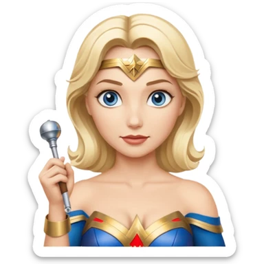 Blonde blue eyed Wonder Woman holding white orchestra conductor’s baton and bell sticker
