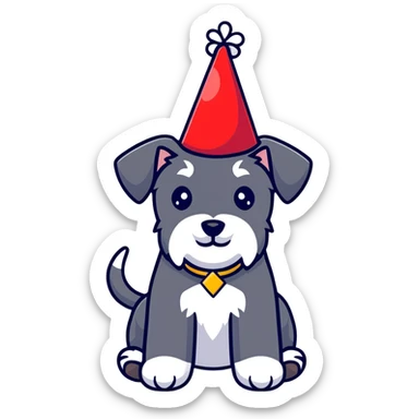 A schnauzer dog wearing a colorful birthday hat sticker