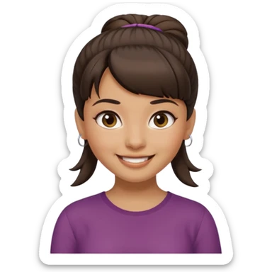 In Apple Memoji format, a girl with dark brown hair. She has bangs and her hair is in a singular high bun. The girl is arab and has light brown skin. She is wearing a brown shirt. She is smiling but is not showing her teeth.  sticker