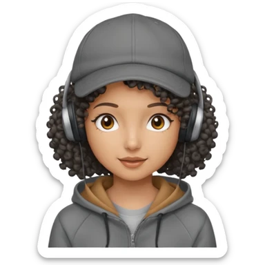 curly haired with headphones in and hoddie girls with cap sticker