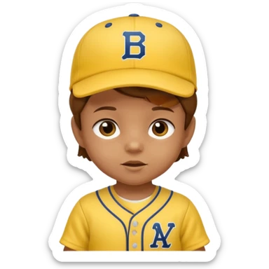 brown hair baby with yellow baseball jersey and hat sticker