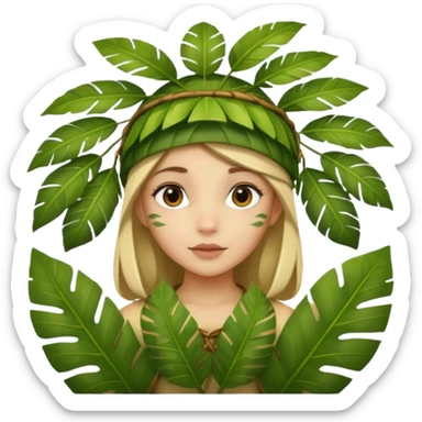 a girl with jungle wearing a large leaf headgear bye  sticker