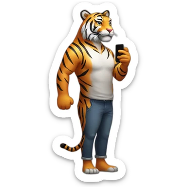 tiger standing on 2 feet having phone in hand  sticker