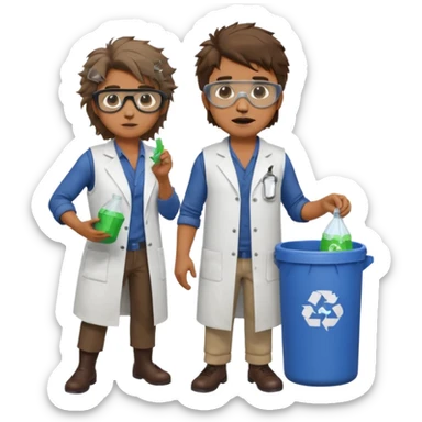 an woman otter disguised as a man picking up trash bins, next to a mad scientist sticker