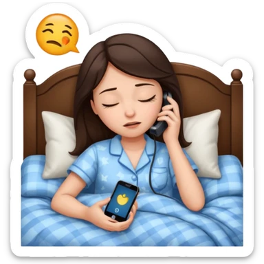 generate a girl brunette sleeping in bed.Her phone ringing. She looks mad sticker