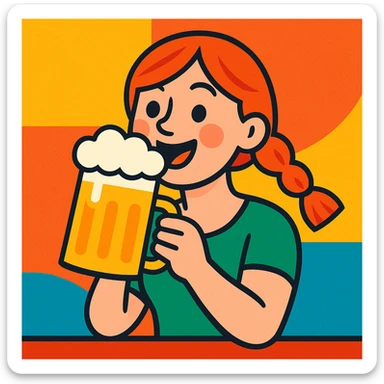 ginger-haired girl drinking beer, cheerful expression, vibrant colors, modern illustration style sticker