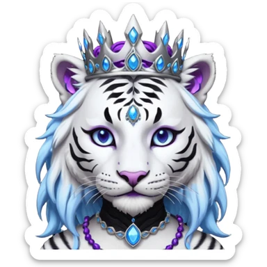 ESO Female white/black tiger khajiit leader of the umbral rose, glowing blue eyes, glowing blue 'third eye' gem, black dreadlocks; silver crown/tiara with purple gems sticker