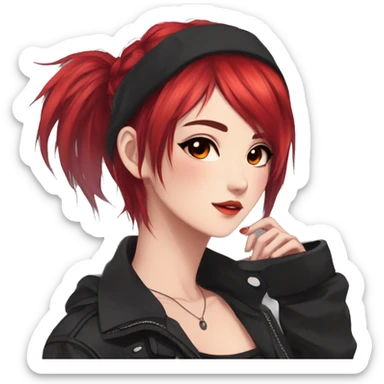 Gorgeous anime style lady with blushing face aesthetic and pretty edgy black red punk hair with hair garment trending style sticker
