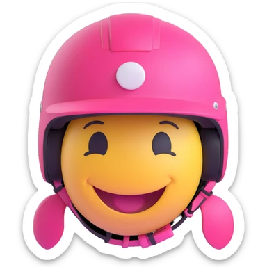 3D smiley emoji, round shape, female motorcyclist: pink helmet, ponytail, smiling face sticker