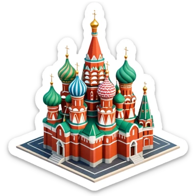 Isometric illustration of Moscow, featuring photorealistic Saint Basil's Cathedral with colorful onion domes, hand-drawn painterly details, subtle texture on bricks and roofs, realistic shadows and soft lighting, muted yet vivid color palette, diorama miniature effect. sticker