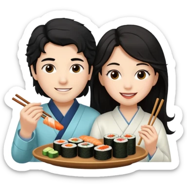 czarnowłosa ksieżniczka w dlugich wlosach je sushi z chłopakiem o czarno brązowych kręconych włosach i są zadowoleni i są nastolatkami i te włosy są lekko krecone i chłopak ma włosy do wysokosi nad brwiami sticker