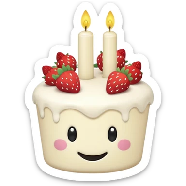 Jellycat vanilla cake with white frostting and strawberries on top with one candle with smiley face and legs sticker