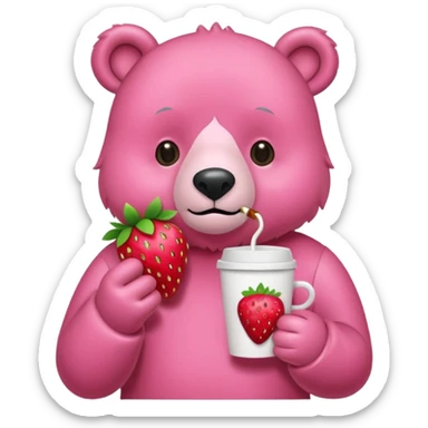 A pink bear is holding a strawberry and drinking coffee with a transparent background in a teenager hand-drawn style. sticker