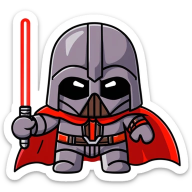 Oreo cookie wearing Sith lord helmet and cape with red lightsaber sticker