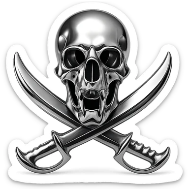 Update the flag so the emblem is a close match to the provided skull and crossed bones: a realistic animal skull with open mouth and two curved bones crossing behind it, rendered in chrome. Keep the chrome ship details and close-up view. sticker