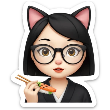 cute girl cat with straight hair and really big square glasses with super thin frames eating sushi sticker