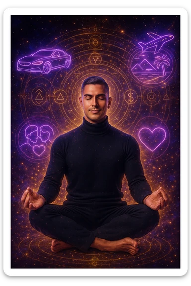 "Un uomo in meditazione fluttuante nello spazio cosmico, circondato da particelle dorate e simboli alchemici. Intorno a lui, oggetti e situazioni dei suoi desideri (auto, viaggi, amore) si materializzano come ologrammi luminosi. Stile cyber-mistico, colori viola e oro." sticker