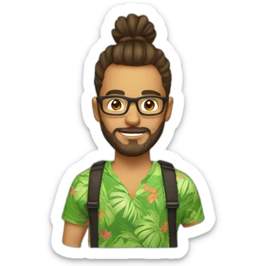 Backend developer with man bun glasses and Hawaiian t-shirt sticker