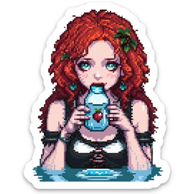 close-up goth girl with red cherry curly hair drinking water, pixel art style sticker