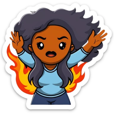 African American woman with long hair, frustrated expression, hair on fire sticker