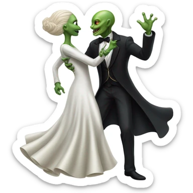  a Reptilian alien woman, in white dress, dance with a human man in frack sticker