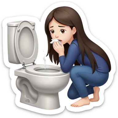 girl with long dark brown hair and pale skin vomits into a toilet sticker