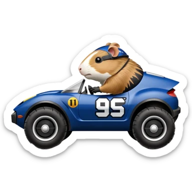 Side view of Midnight blue Local Motors Rally Fighter off road race car driven by a Guinea pig  sticker