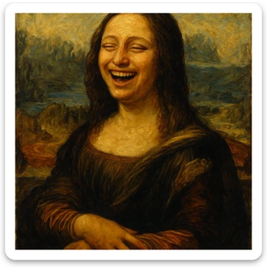 Mona Lisa in an oil painting style, joyful and laughing expression, rich textures and brushstrokes sticker