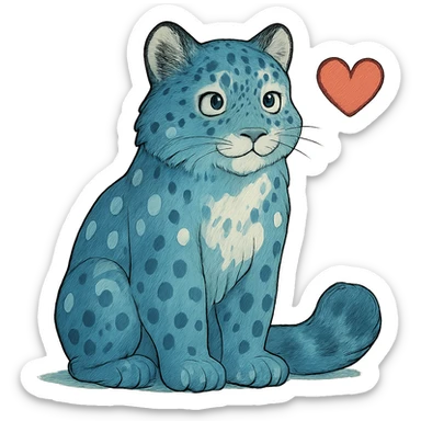 ghibli style snow leopard with blue fur, white spots, and a heart sticker