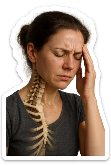 donna stanca che si tiene una mano sulla tempia con spina dorsale anatomica visibile, iperrealistico 4k sticker