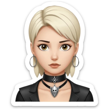 Leather choker with sigil around woman’s neck, pulse visible, dominance tone sticker