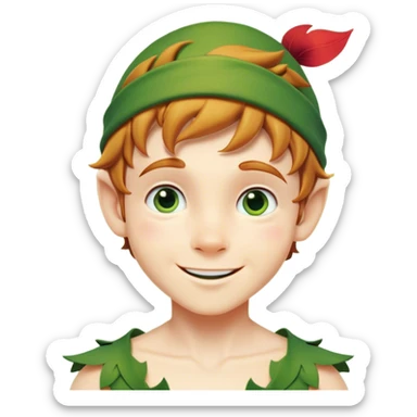 Cinematic Realistic Peter Pan Portrait, head tilted playfully and inquisitively, capturing his mischievous smile and twinkling eyes. The intricacies of his whimsical attire and the soft interplay of natural light bring to life his adventurous energy and childlike charm with a hint of daring strength. sticker