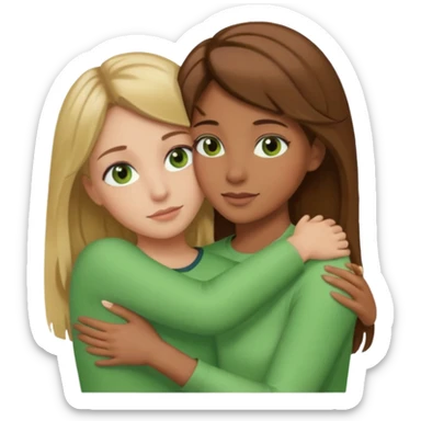 Maman cheveux marrons yeux marrons et fille cheveux blond yeux verts qui se font un câlin  sticker