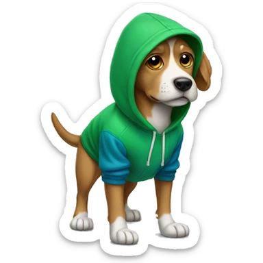 dog wears a blue hat red shoes and a green hoodie sticker
