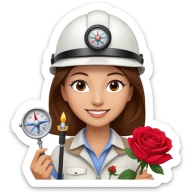 Arquitecta ojos marrones oscuros pestañas pelo marron por los hombros sonrie casco blanco compás y rosa sticker