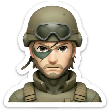 Cinematic Realistic Metal Gear Solid Snake Soldier Portrait, head tilted epicly and inquisitively, showcasing a commanding presence and tactical acumen. His weathered face, intense eyes, and meticulously rendered combat gear in muted earth tones are brought to life with lifelike clarity and dramatic lighting, high shine, epic and awe-inspiring, embodying the covert prowess of a true warrior of the shadows. sticker