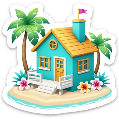 cute beach house, turquoise and white, colorful details, tropical flowers, 3D cartoon, mobile game icon style, clean background, no text, no watermark
 sticker