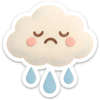 Regenerate the image as a soft pastel fluffy white cloud crying gentle blue raindrops, no arms, no legs, full body, with soft pastel kawaii paper craft style texture and cute look, transparent background. sticker