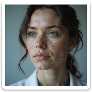 realistic woman with PCOS, face with acne and facial hair, thin hair, clinical atmosphere, hyperrealistic 4K details sticker