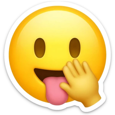 Make a emoji the is like a classic iPhone emoji so it is yellow and make it so the emoji is telling a secret so the hand is right next to the mouth but make the tongue stick out and make the head a circle with no body and the hand is open sticker