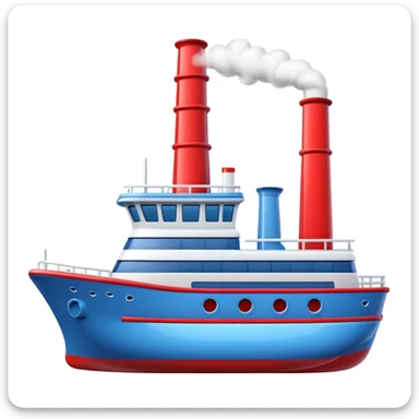 3D Apple-style emoji of a ship with simplified shapes, cartoon-like look, glossy finish, soft shadows, white background, featuring a red smokestack, blue hull, and recognizable windows sticker