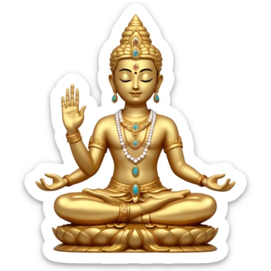 a golden statue of a Hindu deity seated in a yogic posture with one hand in a blessing gesture, adorned with ornate jewelry�. The figure sits on a decorated pedestal, radiating a sacred and traditional aura�. sticker