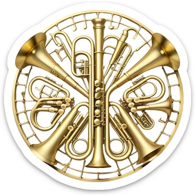 Create a festive and elegant emoji collage featuring a bouquet or fan of brass instrument bells (trumpets, saxophones, trombones, tubes, etc.) arranged in a radiant, symmetrical pattern. The instruments should have polished, golden and silver finishes, with their large, shiny bells forming a beautiful, fan-like display. Include a flowing ribbon of musical notes swirling through the center, conveying movement and melody. The background should feature a deep red velvet texture, adding a touch of luxury and sophistication. The overall composition should be balanced, with an elegant and regal feel, with a transparent background to keep focus on the instruments and musical elements. sticker