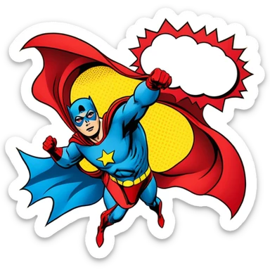 Vintage American comic book style, 2-3 overlapping panels, bold black outlines, halftone dots, retro color scheme (red, yellow, blue), dynamic action, speech bubbles, minimalistic design, on a white background. sticker