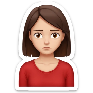"Cartoon emoji of a young brunette woman with fair-medium skin, brown eyes, wearing a simple red top. Portrait mode, slouched, looking down, overthinking and insecure. Small frown, worried eyes. Smooth, friendly, stylized, Mary Jane–like appearance." sticker