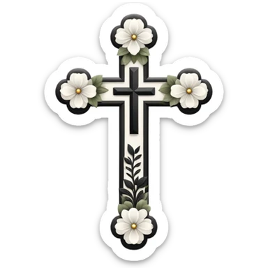 a black and white detailed cross with flowers over lapping sticker